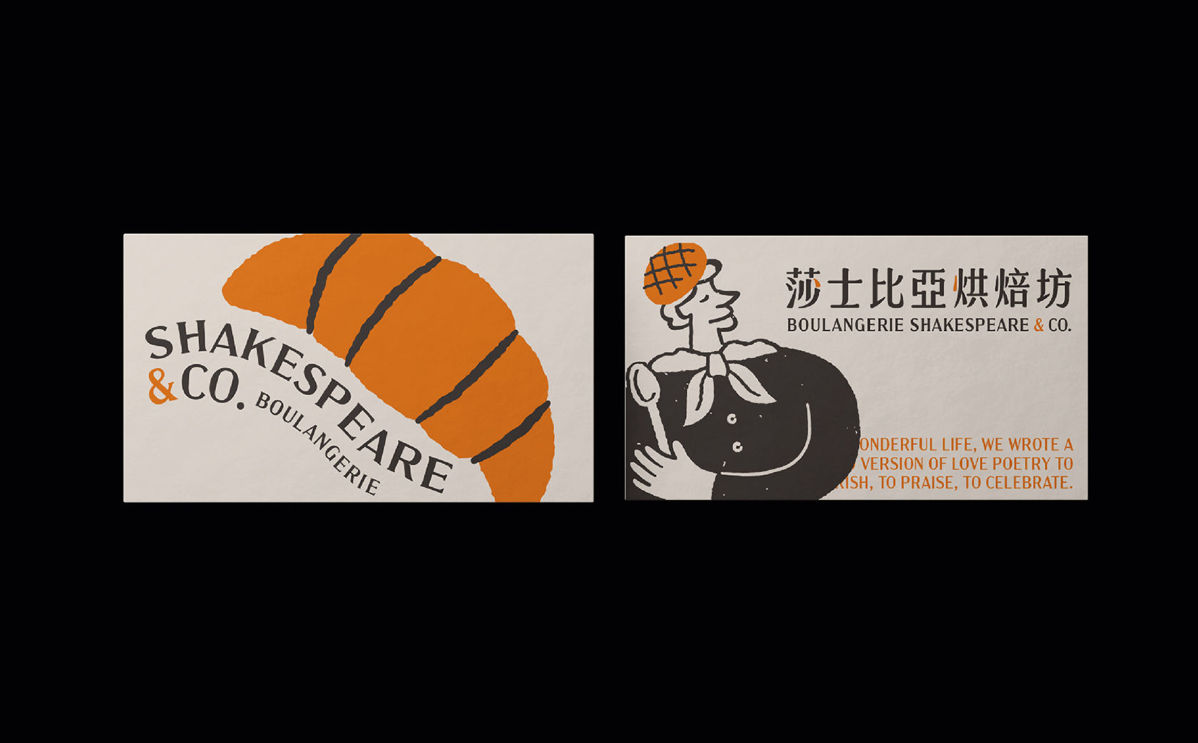 莎士比亞烘焙坊名片正反面：一面是橘色可頌與英文店名，一面是頭頂麵包的角色與中英文店名