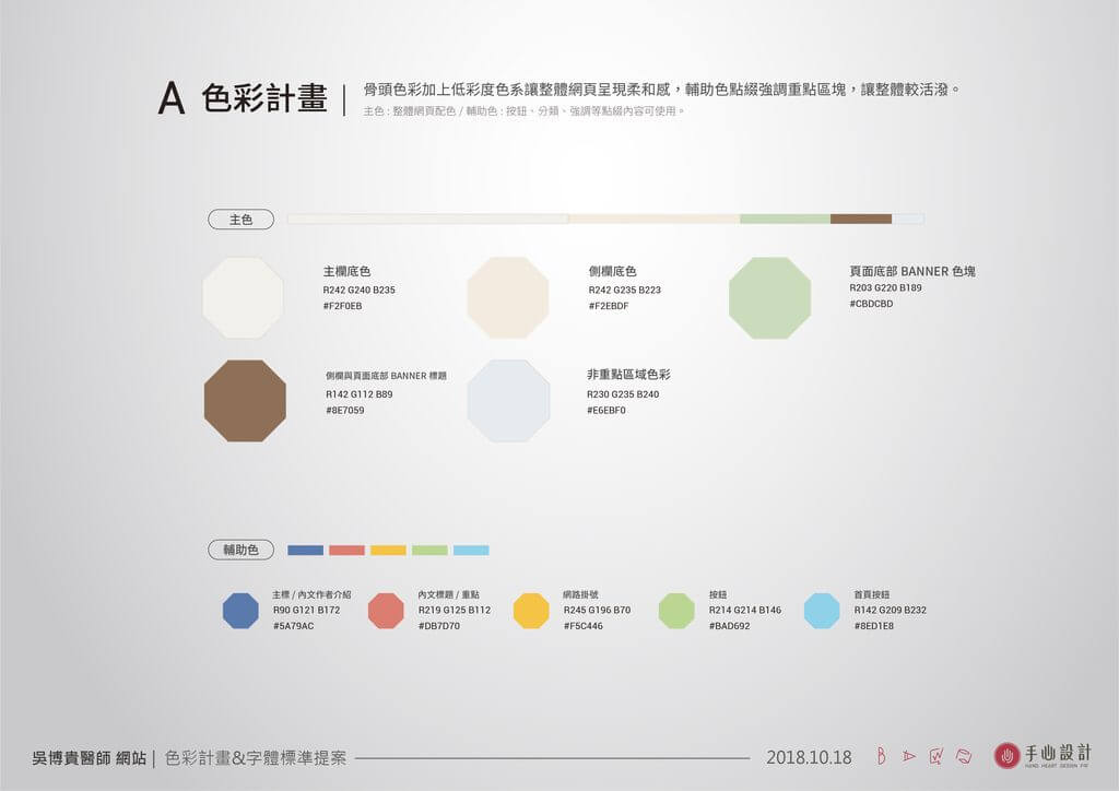 吳博貴醫師網站色彩計畫:主色為米白、淺膚、淺綠與咖啡色,輔助色為藍、珊瑚紅、黃、綠、淺藍,各標示 RGB 與色碼及用途